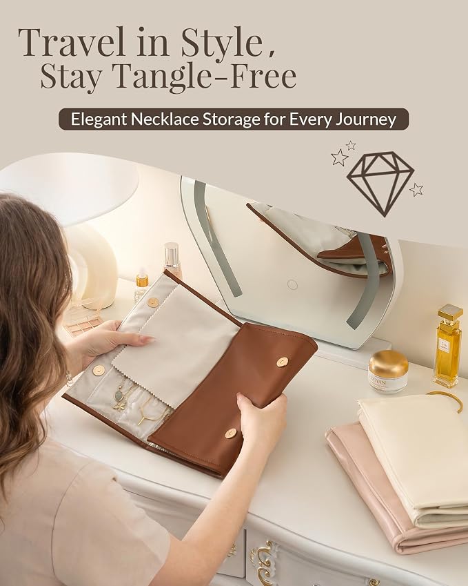 Lolalet Travel Necklace Organizer, Tangle-Free Necklace Case for Travel, Leather Foldable Roll Up Jewelry Storage Bag for Necklaces Chains Bracelets, Mothers Day Gift - Image 2