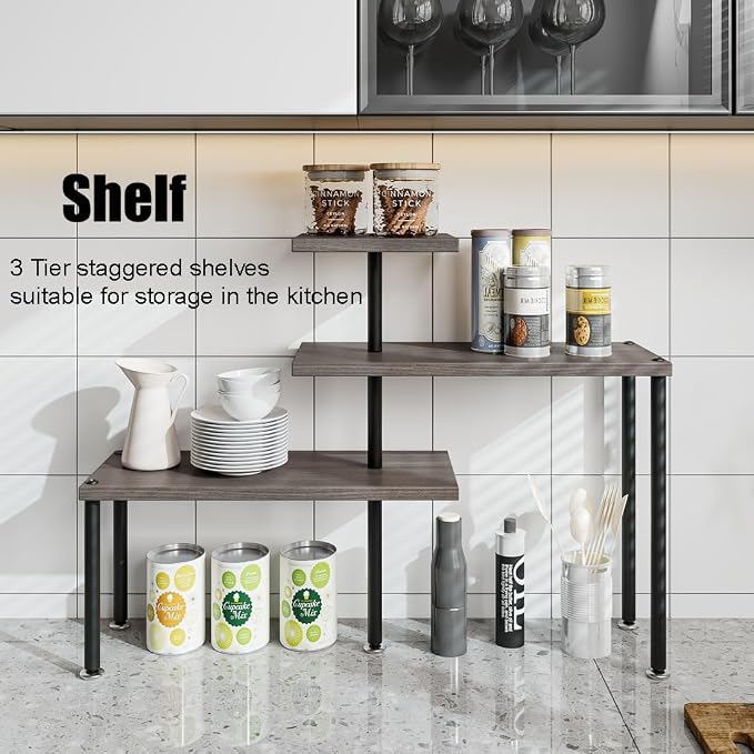 Countertop Organizer Organization 3 Tier Kitchen Corner Shelves Adjustable Spice Storage Rack for Bathroom Coffee Area Over Sink (Dark Gray Oak) - Image 3