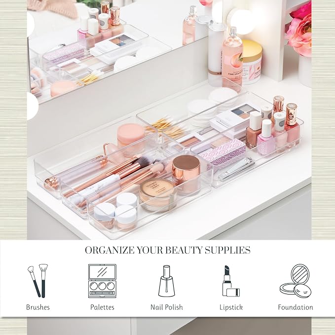 STORi SimpleSort 6-Piece Stackable Clear Drawer Organizer Set | 9" x 3" x 2" Rectangle Trays | Narrow Makeup Vanity Storage Bins and Office Desk Drawer Dividers | Made in USA - Image 3