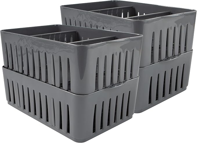 Simplify 4 Pack 3 Compartment Stackable Bin with Adjustable Dividers | Drawer Organizer | Storage Basket | Good for Office | Desk Supplies | Dorm | Bathroom | Accessories | Make Up | Grey by Simplify