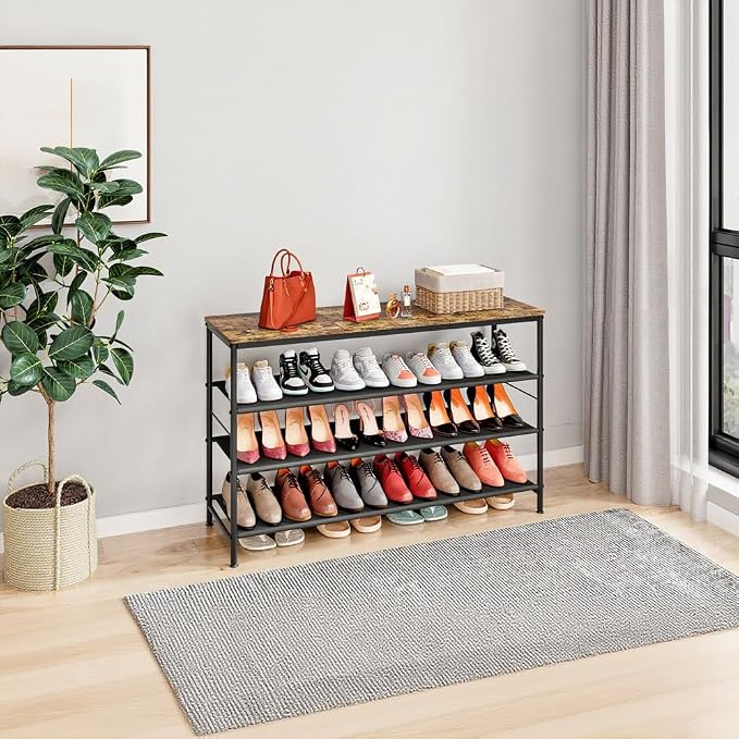 INGIORDAR Shoe Rack Organizer 5 Tier Metal Organizer Shelf with Industrial MDF Board and Layer Fabric for Entryway Closet Bedroom Living Room Garage (Black+Rustic Brown, 4 Tier(47.2" W)) - Image 5