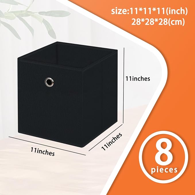 Foldable Storage Cubes Bins ,11 Inch Cloth Storage Cube Fabric Storage Box Cubes Organizer Baskets with Handles for Home Organizer Set of 8 (Black) - Image 2