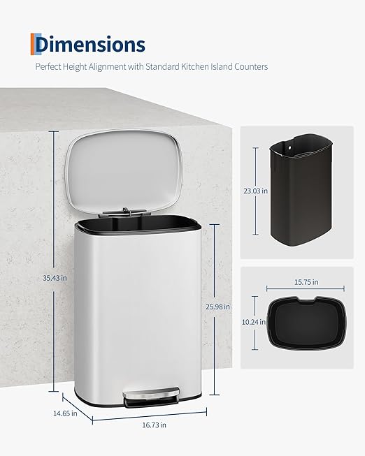 Garvee 13 gal (50 L) and 2.6 gal (10 L) Metal Trash Can Combo Set, Rustproof Garbage Can with Lid, Step-on Trash Bin with Inner Bucket, Rear Handle, White - Image 7