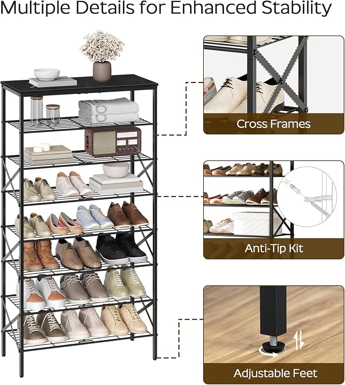 YATINEY 8 Tier Shoe Rack, Large Capacity Shoe Storage Organizer Holds 32 Pairs, Sturdy and Stable, for Entryway, Hallway, Closet, Dorm Room, Black SS08BB - Image 5