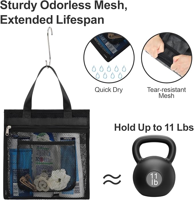 F-color Mesh Shower Caddy Portable Hanging - 3 Pockets Small Shower Bag Tote with Zipper Closure for Camping, Gym Lockers, Travel, Toiletry, Quick Dry Bathroom Essentials with S Hook, Black - Image 5