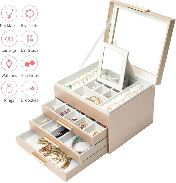 BOOVO Clear Lid Jewelry Box,4 Layers Jewelry Organizer Large Jewelry Storage Box with 3 Drawers,Jewelry Holder Organzier of Rings Earrings Necklace Bracelets for Women (Champagne, 4 Layer) - Image 3