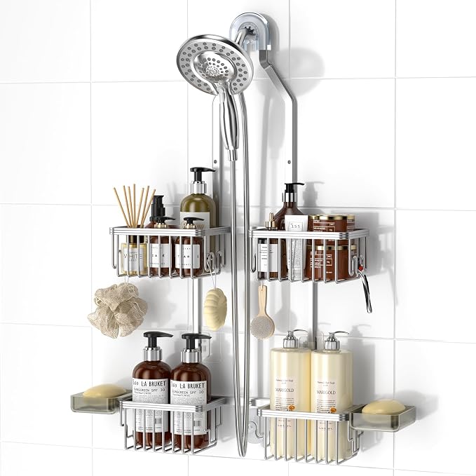 REINHARDT Aluminum Shower Caddy Hanging Adjustable Shower Caddy, Rustproof Hanging Shower Organizer with Hooks Soap Holders, Over Shower Head Caddy for Handheld Showerhead, Silver by REINHARDT