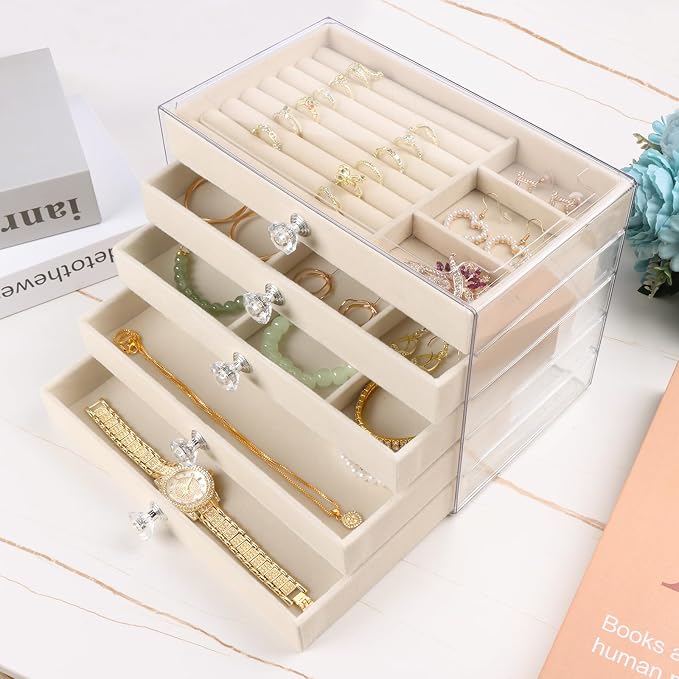Hyber&Cara Luxury Acrylic Jewelry Box Organizer - 5 Drawers Velvet Lined Clear Stackable Storage for Earrings Necklaces Rings Bracelets Elegant Beige Dresser Top Vanity Display - Image 2