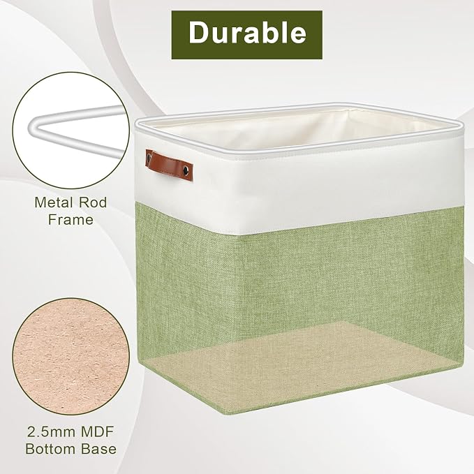 Bagnizer Large Fabric Storage Baskets | 50L Storage Bins, Decorative Linen Closet Baskets with Handles for Organizing, Shelf, Toys, Clothes, Home, Office, Nursery, 17x12x15Inches (Green&White) - Image 4