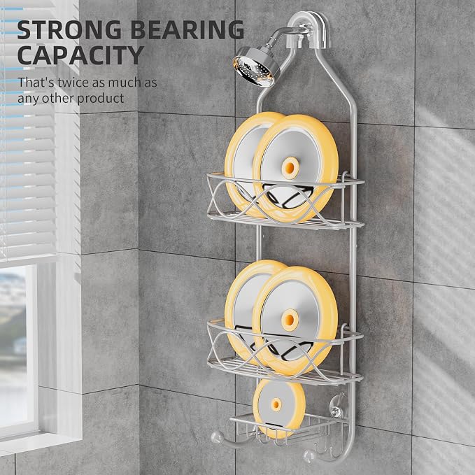 GAOKASE Shower Caddy Hanging 3 Tier with Two Movable Baskets, Grey Shower Caddy with Hooks for Towels, Sponge and More - Image 6