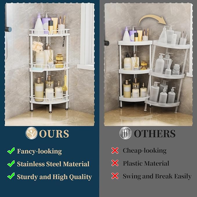 Consumest Corner Shower Caddy Standing - 3 Tier Shower Organizer with Soap Holder, Tall Floor Storage Rack with Adjustable Feet & 4 Hooks, Bathroom Corner Shelf, White - Image 3