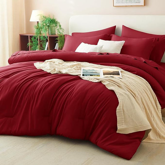 CozyLux Full Size Comforter Sets Dark Red, 7 Pieces Bed in a Bag Full Comforter Set with Sheets, Luxury Bedding Set with Down Alternative Comforter, Fitted Sheet, Flat Sheet, Pillowcases & Shams