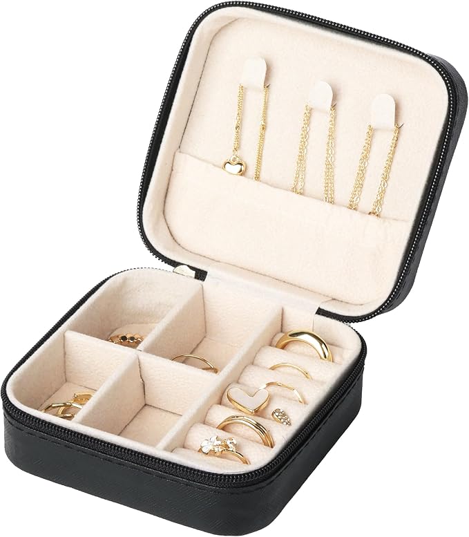 Travel jewelry case,Small Jewelry Box Organizer with Mirror, Gift for Women Girls,3.9"x3.9",Black,1Pack - Image 2