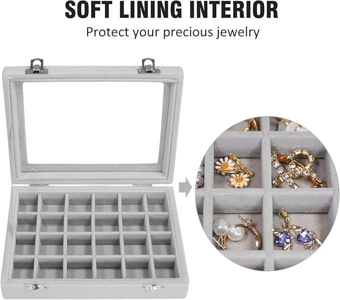 Vicoter Velvet Jewelry Box 24 Grid Jewelry Ring Display Organiser Box Tray Holder Earrings Storage Case for Girls Wife Mom Women (Gray) - Image 3
