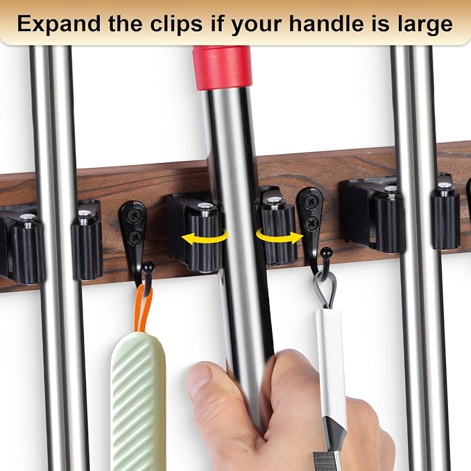 FunCee Broom Holder Wall Mount With 5 Slots & 4 Hooks，Rustic Wood Broom & Mop Hanger，Wall Mounted Garden & Garage Tool Storage Organizer Rack for Closet Laundry Room or Kitchen Wall Decor - Image 6