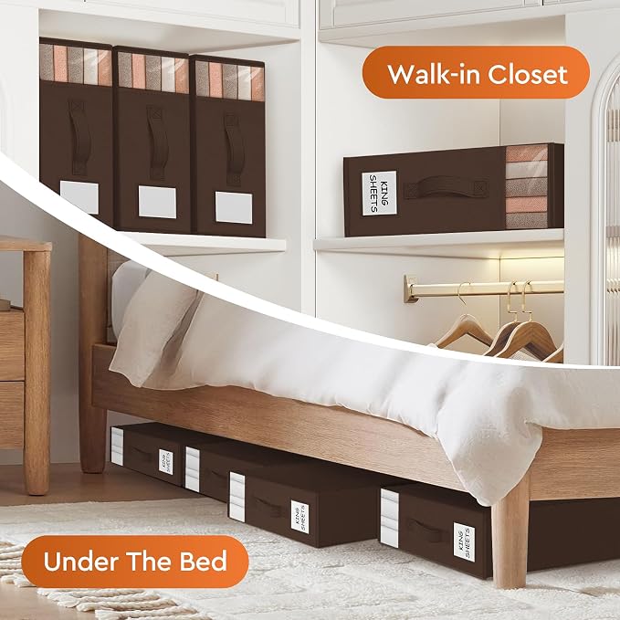 StorageTastic 6 Pack Bed Sheet Closet Organizers and Storage,Sturdy Foldable Storage Containers with Window and Label,Storage and Organization for Bedding Sheets,Duvet Covers,Blankets (Brown) - Image 6