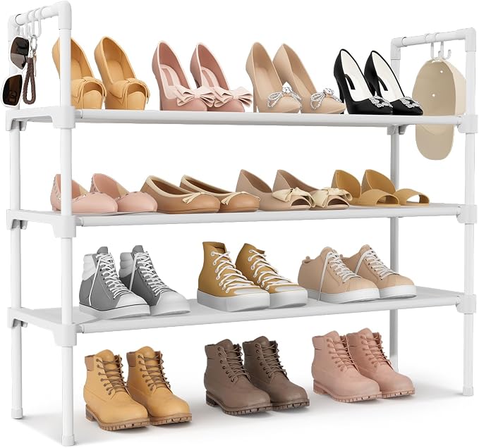 LANTEFUL 3 Tier Shoe Rack for Closet, Shoe Organizer with 5 Hooks, Long Shoe Shelf Storage for Shoe and Boot Stackable Free Standing Shoe Rack for Entryway, Garage, Small Spaces, Dorm, White by LANTEFULforTidyingHouse