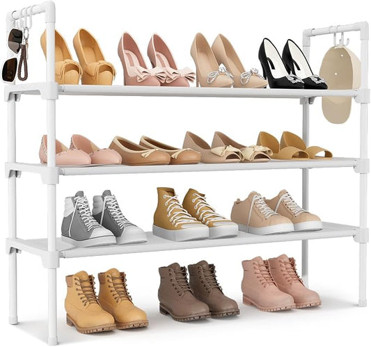 LANTEFUL 3 Tier Shoe Rack for Closet, Shoe Organizer with 5 Hooks, Long Shoe Shelf Storage for Shoe and Boot Stackable Free Standing Shoe Rack for Entryway, Garage, Small Spaces, Dorm, White by LANTEFULforTidyingHouse