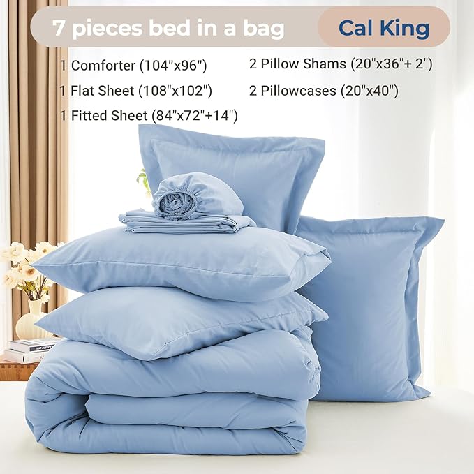 MUXHOMO 7 Pieces California King Comforter Set, Soft Bed in a Bag Cal King Size, All Season Bedding Set with Comforter, Flat Sheet, Fitted Sheet, Pillowcases & Shams, Greyish Blue