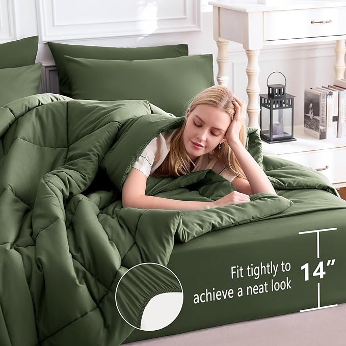 CozyLux Queen Comforter Set Olive Green, 7 Pieces Bed in a Bag, Green Comforters Queen Size, All Season Bedding Sets with Stitch Quilted Comforter, Flat Sheet, Fitted Sheet, Pillowcases