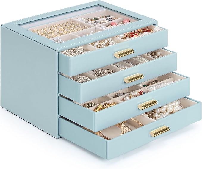 AKOZLIN Jewelry Box with Clear Lid Functional Leather Jewelry Storage Organizer Case 4 Drawers for Women Girls Necklace Ring Bracelet Earring BlueGrey - Image 8