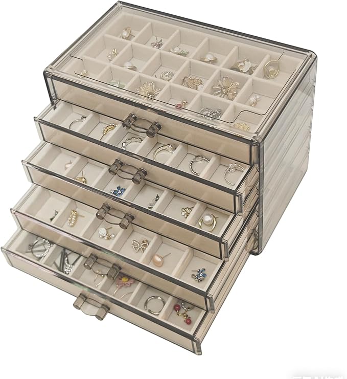 Acrylic Earring Holder Organizer with 5 Drawers Clear Earring Organizer Box with 90 Adjustable Grids Velvet Earring Display Case Jewelry Organizer for Earrings Rings Studs (Brown Beige) by HOUKANWE