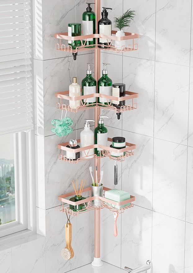 DAOYA Corner Shower Caddy Tension Pole - 4‑Tier Adjustable Shower Shelf Organizer Space‑Saving Bathroom Storage for Bathtub or Floor, Apricot by DAOYA
