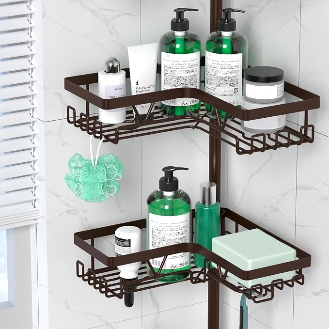 DAOYA Corner Shower Caddy Tension Pole - Adjustable 4-Tier Shower Shelf Stainless Steel Corner Tension Rod Bathroom Organizer Shampoo Holder with Soap Holders & Hooks for Bath, Tub, Floor Space Saving - Image 3