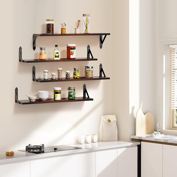 ROMGUAR CRAFT Wood Floating Shelves Set of 4, Rustic Storage Decor Wall Shelves, Wall Mounted Shelf for Living Room, Bedroom 23.6" x 6", Brown - Image 2