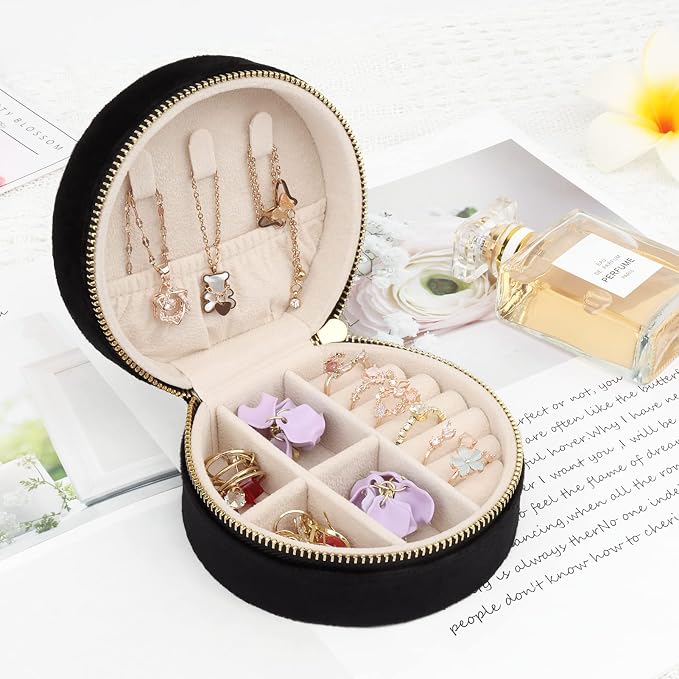 DesignSter Travel Jewelry Box - Velvet Mini Jewelry Organizer, Small Jewelry Case for Girls Women, Jewelry Storage Box for Rings Earrings Necklace (Circular, Black) - Image 6
