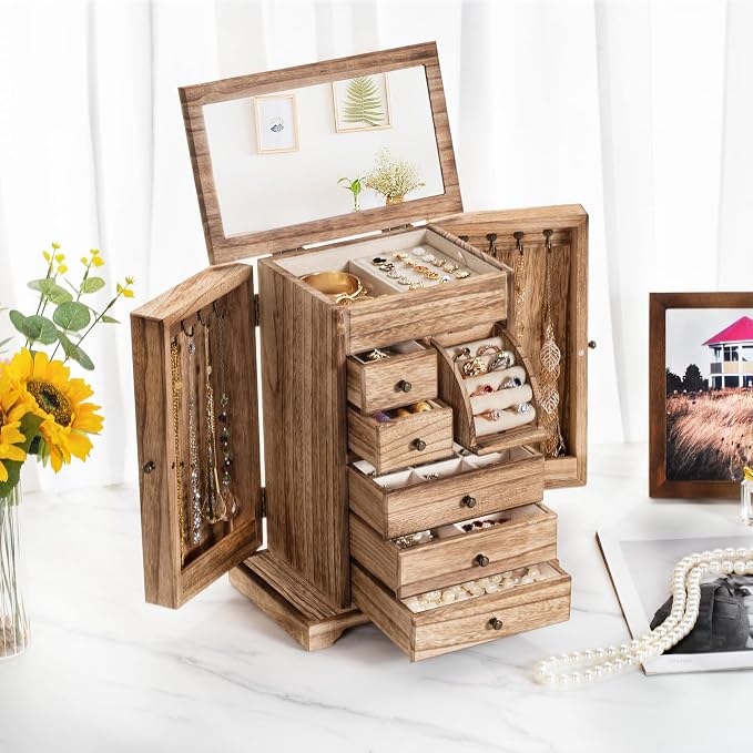 Jewelry Box for Women, Rustic Wooden Jewelry Boxes & Organizers with Mirror & Drawers,6 Layer Jewelry Organizer Box for Rings Earrings Necklaces Bracelets (Carbonized Black) - Image 2