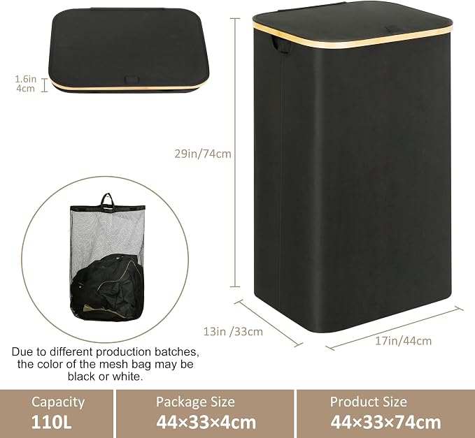 iEGrow Laundry Hamper with Lid, 110L Large Laundry Hamper with Handle and Lid, Collapsible Clothes Basket Organizer with Removable Inner Bag for Clothes Toys Towels - Black - Image 3