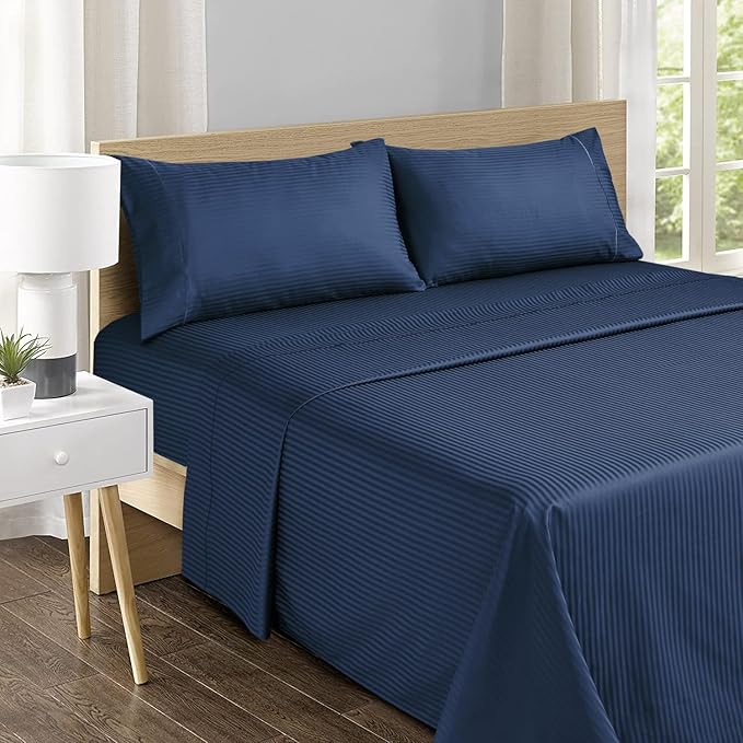 Feather & Stitch 500 TC Full Size Damask Bed Sheet Set, 100% Cotton Soft Breathable Bedsheets, 4 Piece 18" Deep Pockets Sateen Weave Striped Bedding Mattress Resort Hotel Luxury - (Dark Blue Stripe)