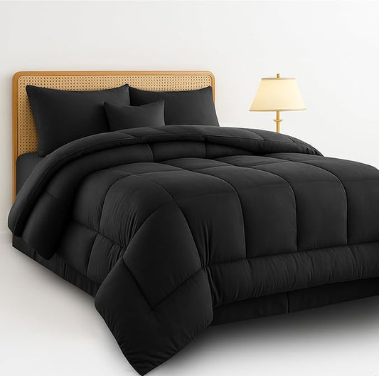 LUX Décor 5pc King Comforter Set, All-in-One Bed in a Bag, Includes 1 Comforter, 2 Pillow Shams, 1 Decorative Pillow & 1 Bed Skirt (Black, King)