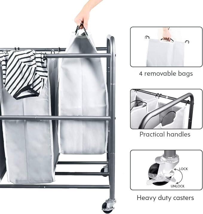 ROMOON Laundry Hamper Sorter Cart: 4-Section Organizer with Heavy-Duty Lockable Wheels and Removable Bags | 180L Rolling Laundry Basket for Dirty Clothes in Laundry Room or Small Spaces (Gray) - Image 3