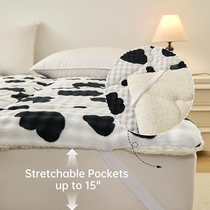 Mattress Topper Queen Size 60 x 80 inches, Warm Thicken Velvet Queen Mattress Pad Breathable and Comfortable with 4 Elastic Band, Deep Pocket Stretchable up to 15 inches Washable, Cow Pattern