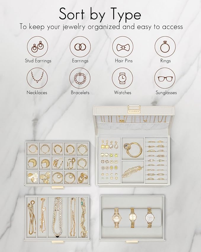 VLANDO 4 Layer Large Jewelry Box - Jewelry Holder Organizer, Jewelry Box Organizer for Drawer Necklace Ring Bracelet and Watch, Birthday Gift for Loved Ones - White - Image 3