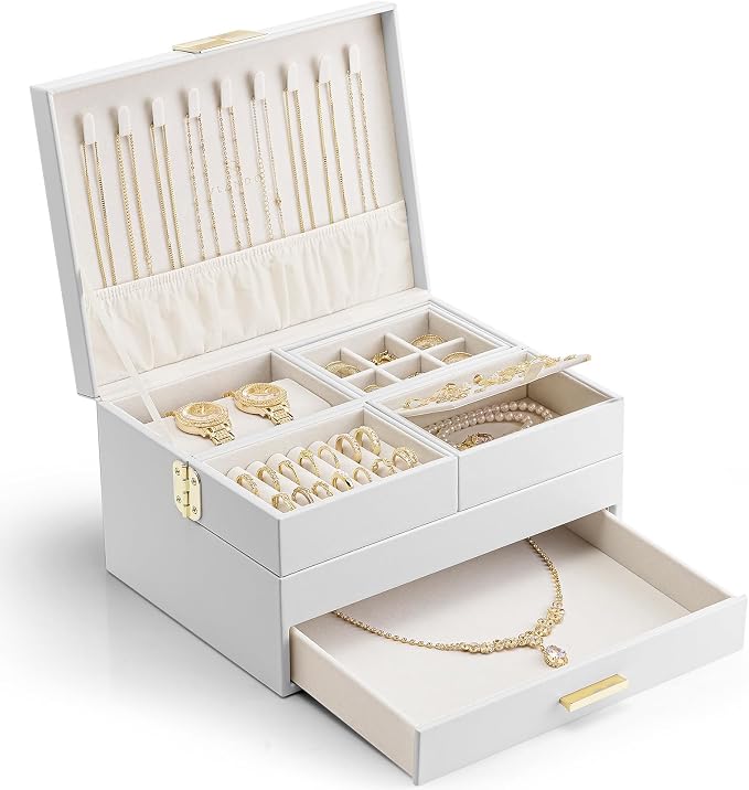 Vlando 3 Layer Jewelry Box - Women Jewelry Box with Retractable Tray - Jewelry Organizers with Drawer for Necklaces, Rings, Bracelets, Earrings, Gift for Couples Mom Girls - White by VLANDO