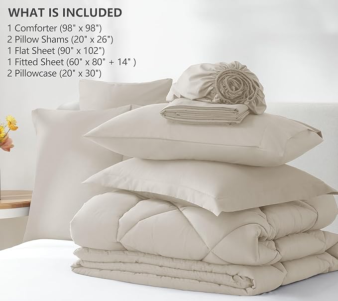 CozyLux Oversized Queen Comforter Set Beige - 7 Pieces Bed in a Bag Comforter Set with Sheets, Luxury Soft Bed Set All Seasons, Bedding Set with Down Alternative Comforter, Sheets, Pillowcases & Shams