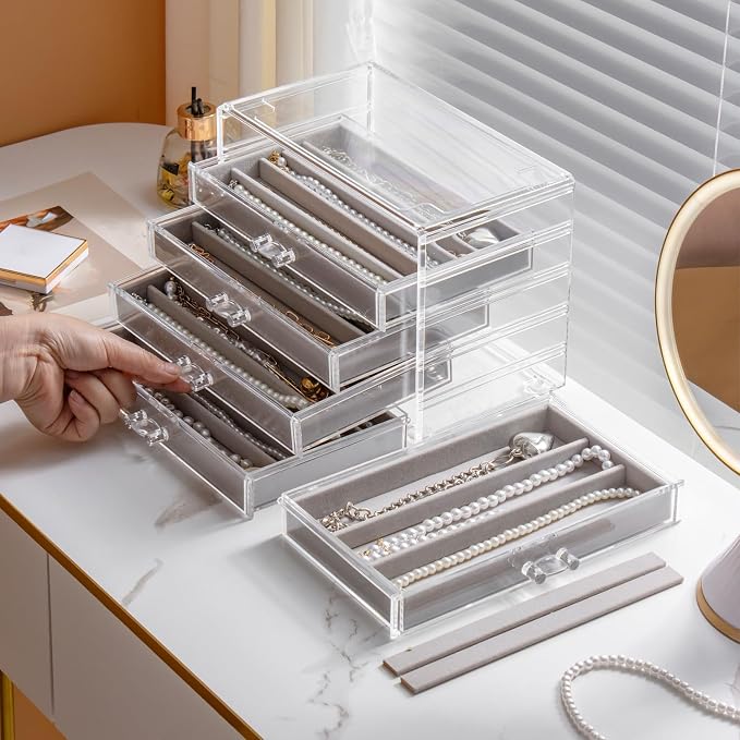 YUFONG Necklace Holder Organizer, Dustproof Necklace Box Velvet Necklace Organizer Box with Lid Clear Acrylic Dustproof Stackable Jewelry Displays for Necklaces Chain Display (Gray, 5 Drawer) - Image 2