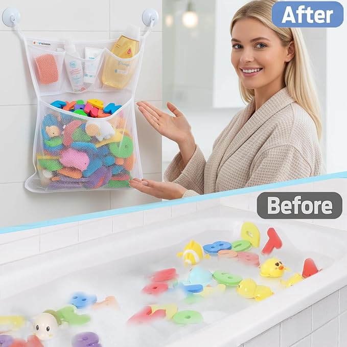 Bath Toy Storage Organizer – Large Mesh Bath Toy Holder & Bath Toy Net for Tub, Quick Dry Bathtub Bag with 2 Strong Suction Cups, 2 Adhesive Hooks, Quick-Dry Hanging Shower Cubby Basket, 14x20 Inch - Image 3