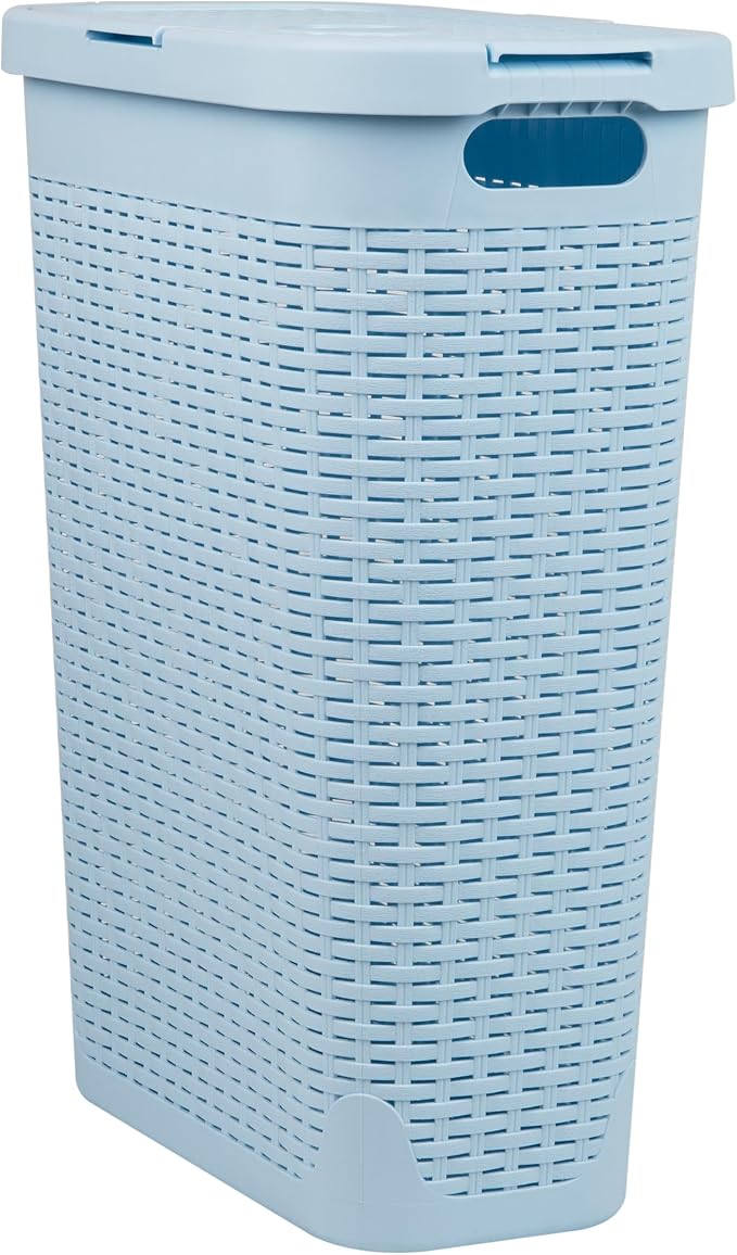 Mind Reader Slim Laundry Hamper with Lid, 40L Clothes Basket, Narrow Tapered Design with Ventilated Cutout Pattern, Plastic, Baby Blue - Image 7
