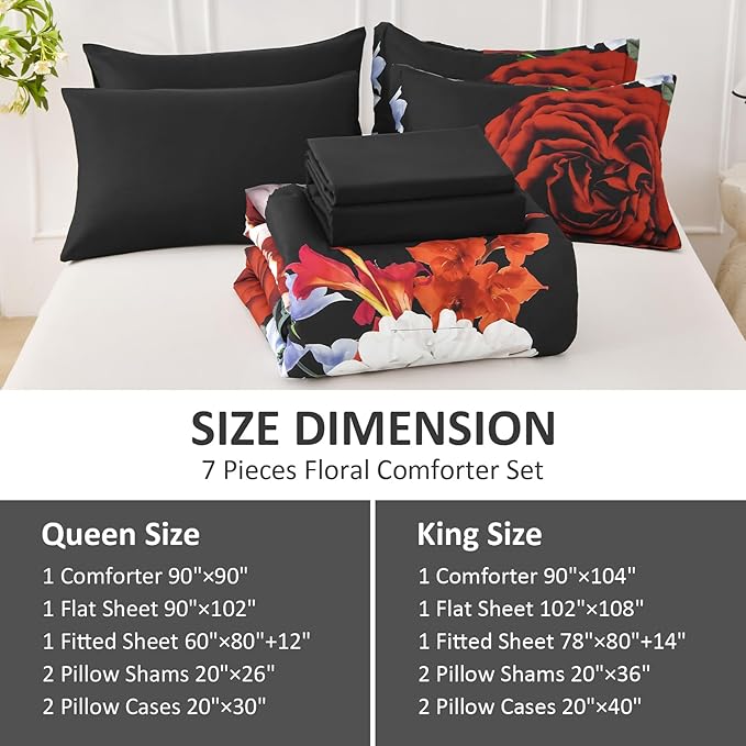 Drucon Queen Comforter Set - 7 Pieces Floral Black Soft Bedding Sets, Queen Bed in a Bag with Botanical Red Flowers Comforter, Sheets, Pillowcases & Shams