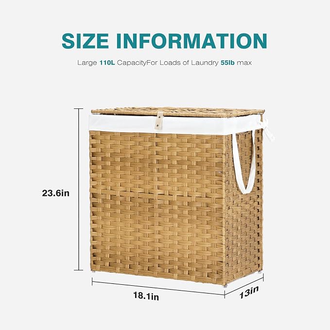 DUMOS Wicker Laundry Basket with Lid, 110L Woven Laundry Hamper with Handles, Foldable Rattan Clothes Hamper with Removable Liner & Sturdy Steel Frame, Goose Yellow - Image 9