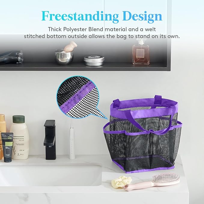Lifewit Mesh Shower Caddy Portable for College Dorm Room Essentials with 7 Pockets, Freestanding Hanging Organizer Basket, Quick Dry Tote Bag for Camping, Bathroom, Beach, Travel, 1 Pack, Purple - Image 3