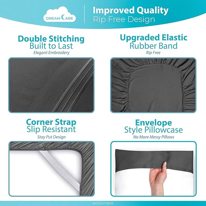 DREAMCARE Twin XL Sheet Sets - 3 pcs Breathable Cooling Bed Sheets - up to 21" Extra Deep Pocket Twin XL Sheets Set with Side Pockets - Extra Soft 100% Brushed Hypoallergenic Hotel Luxury - Dark Gray