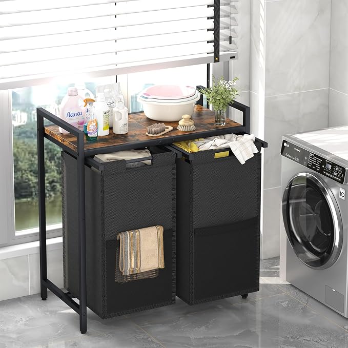 Huhote Laundry Hamper, double Laundry Basket, Laundry Sorter with Top Shelf & 2 Removable Washable Bags & Side Pockets for Laundry Room organization, Bathroom and Dorm, Rustic Brown and Black - Image 2