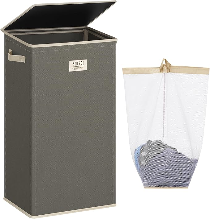 SOLEDI Laundry Hamper with Lid 100L Large & Tall Collapsible Laundry Basket, Clothes Hamper with Bag Removable Easy to Carry, Dirty Hampers for Bedroom, Bathroom, Dorm, College, Cement by SOLEDI