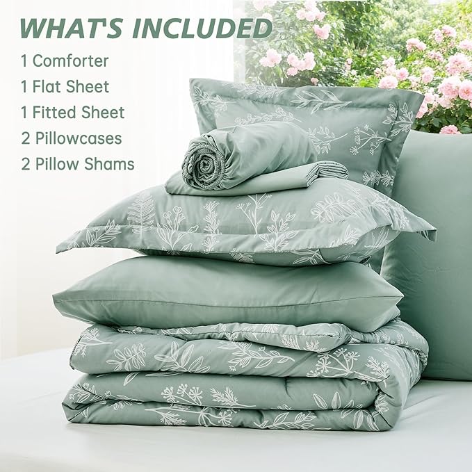 MUXHOMO Cal King Comforter Set, Sage Green Elegant Floral Print Bed in a Bag 7 Pieces, Ultra Soft & Breathable Reversible Botanical Pattern Bedding Set with Comforter, Sheets, Pillowcases, and Shams