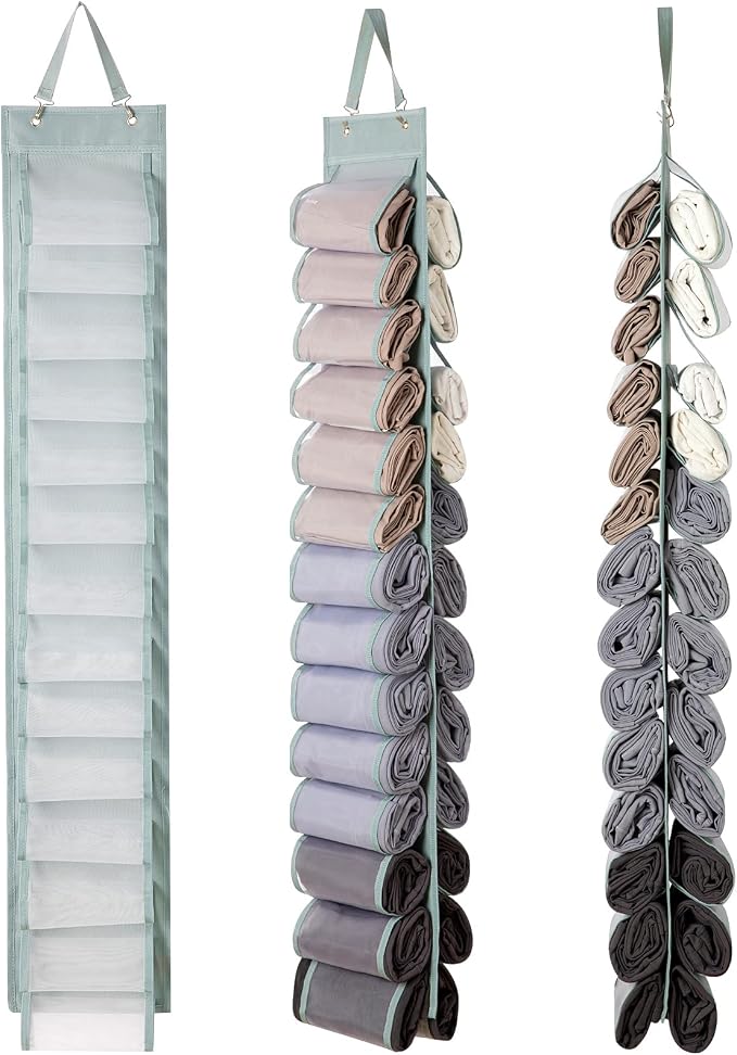 DHSFKBE Legging Organizer Storage, T-Shirt Hanging Closet Hanging Clothes Organizer with 26 Roll Compartments for Yoga Pants, Tank Top, Towel, Underwear, Shirt (Grey) by DHSFKBE